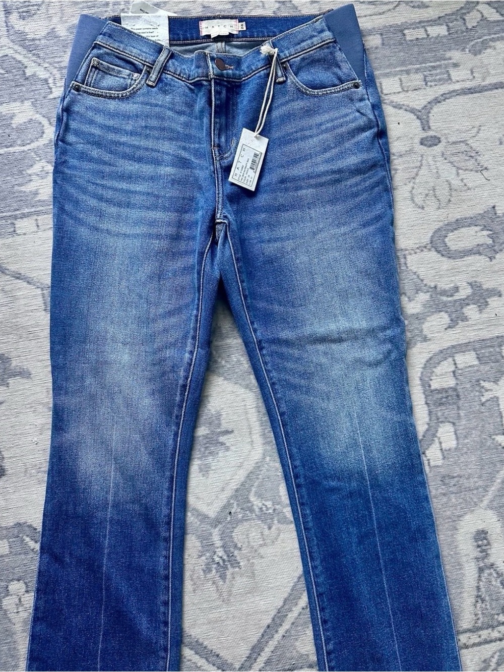 Hatch Women’s Blue Denim Jeans NWT HATCH The Crop Under Belly Kick Flare Matern - Picture 2 of 6